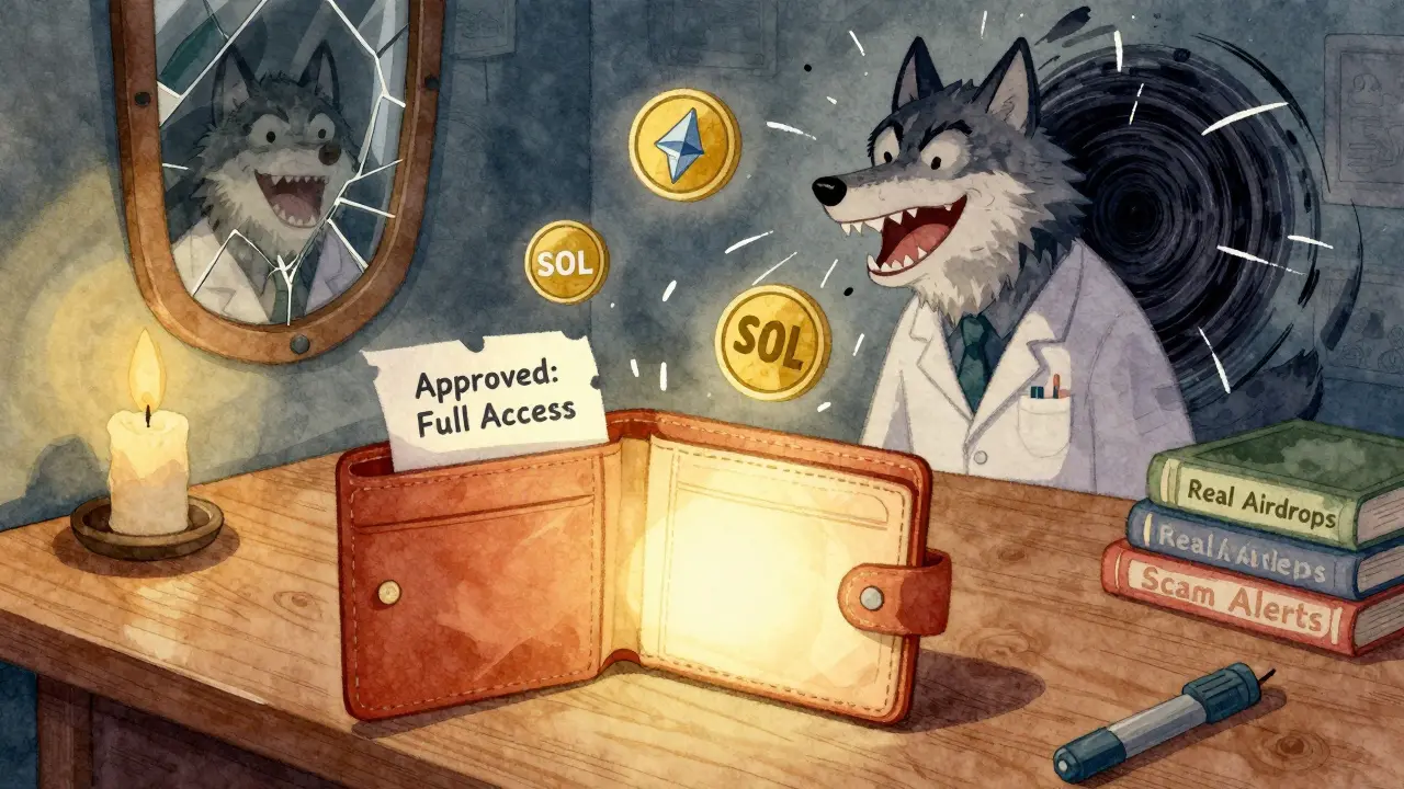 An open wallet being drained by a dark vortex while floating crypto tokens vanish, with warning books and a flickering candle nearby.