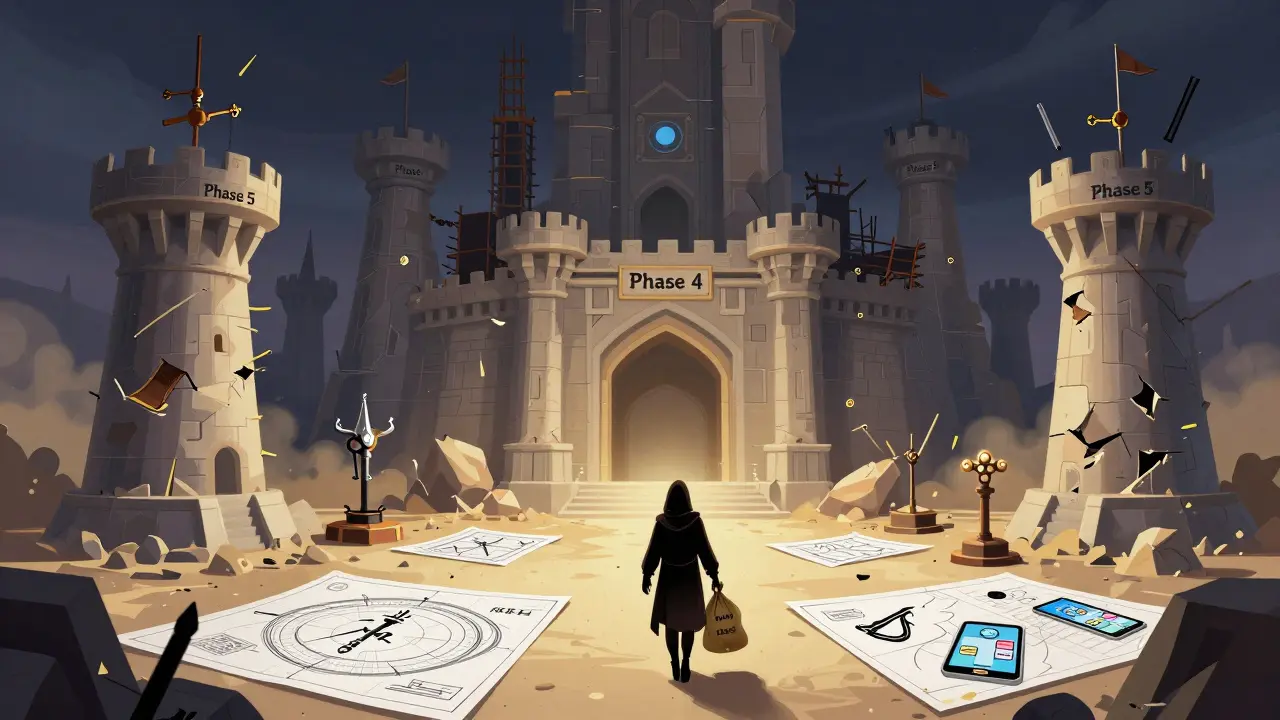 An unfinished blockchain castle crumbling as a shadowy figure walks away with DOM tokens, blueprints scattered on the ground.