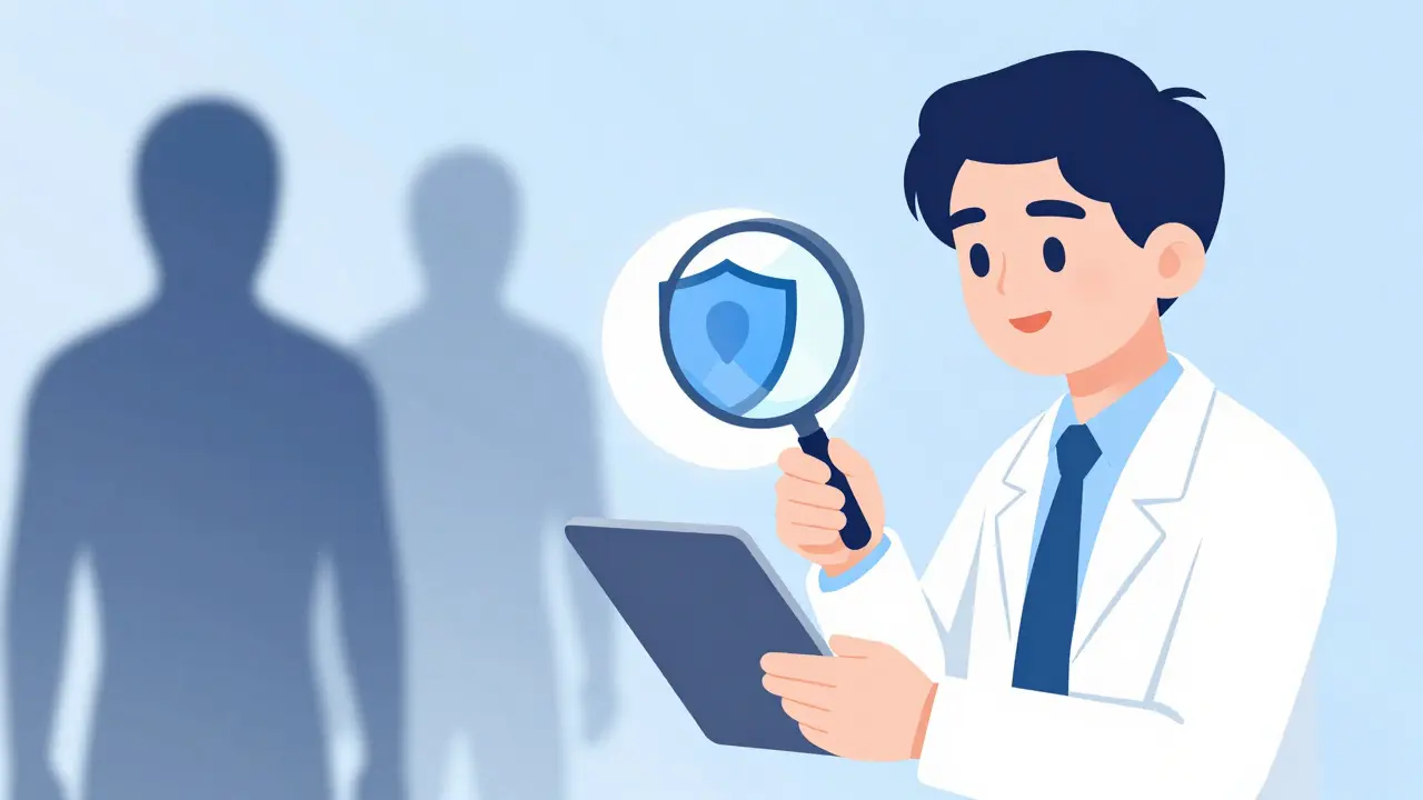 Character verifying shield icon with magnifying glass while scammers fade away