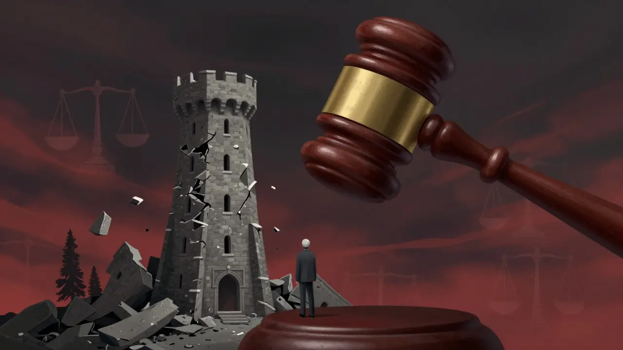 Crumbling token tower under a gavel, symbolizing regulatory action.