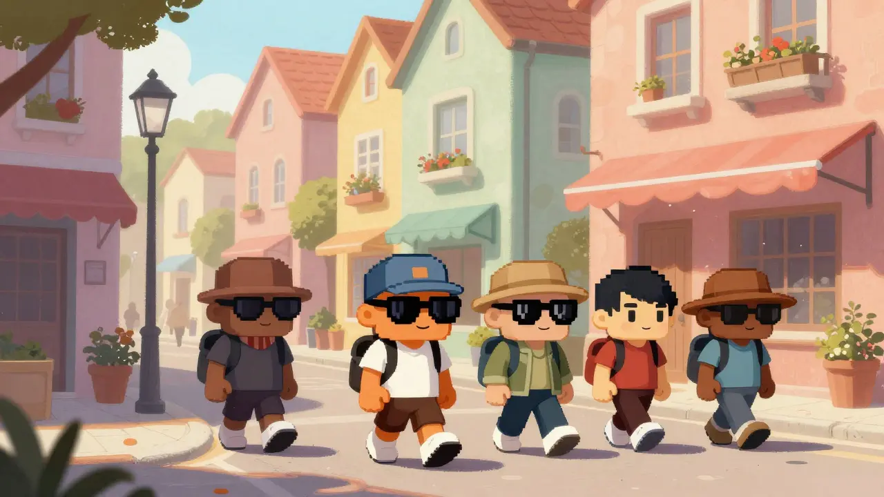 CryptoPunk characters in whimsical pixel-themed city street