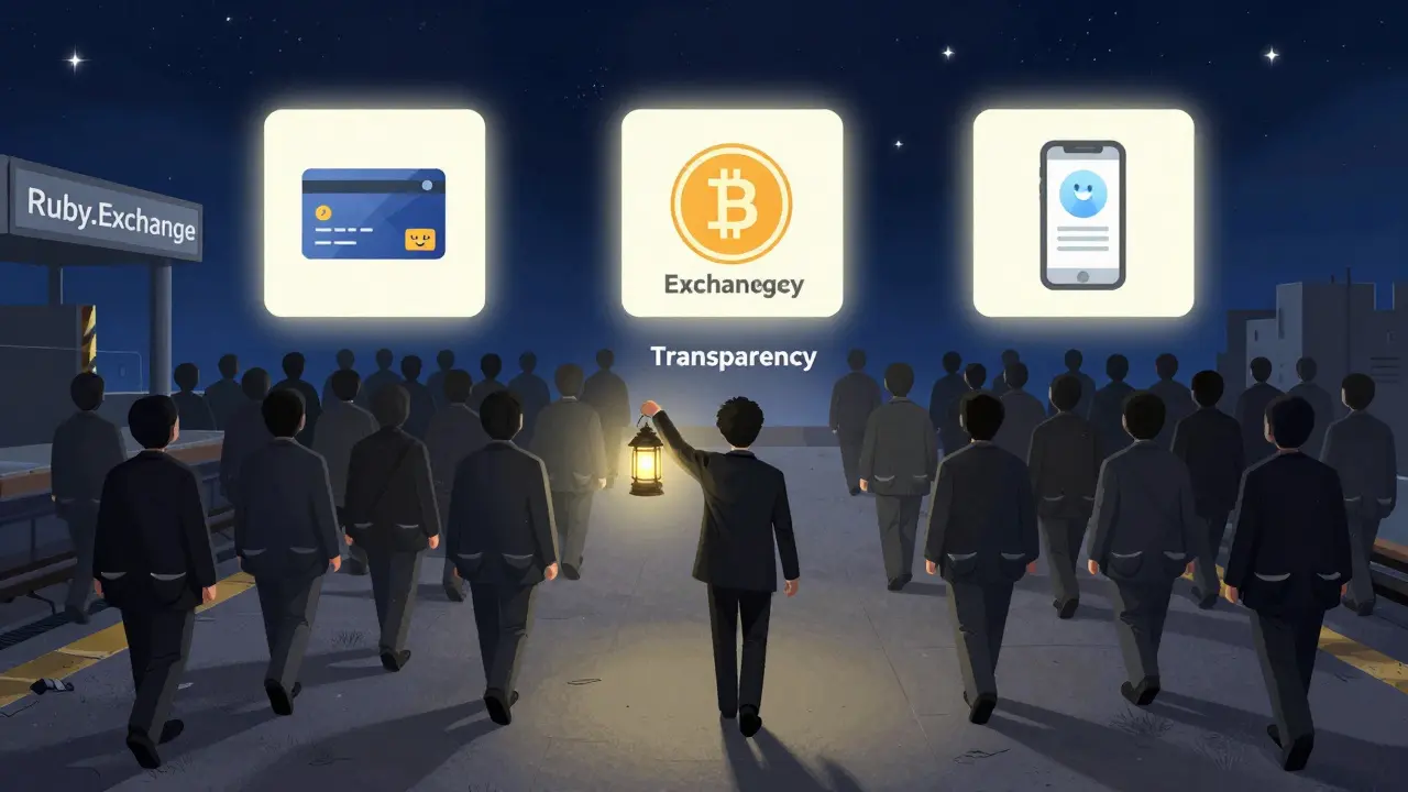 Faceless users walk away from a silent exchange as one holds a lantern guiding others to trustworthy crypto platforms.