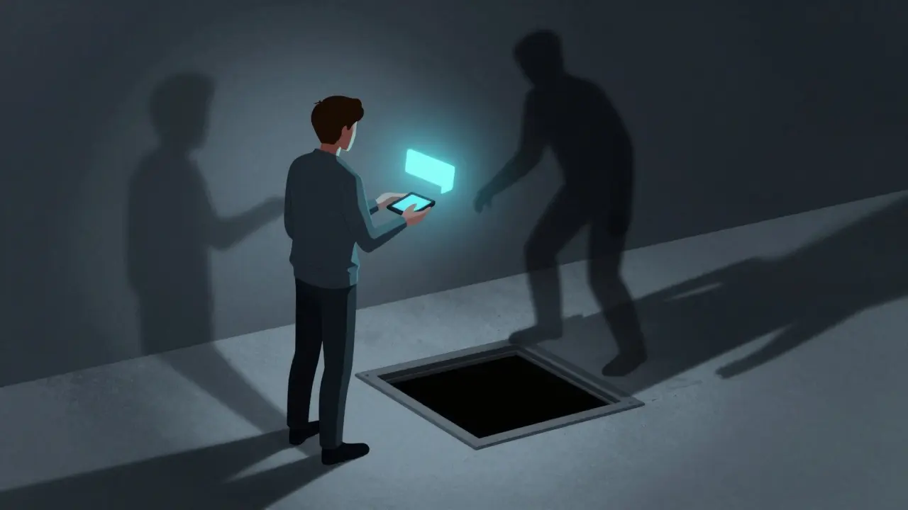 Person receiving suspicious message as trapdoor opens beneath feet