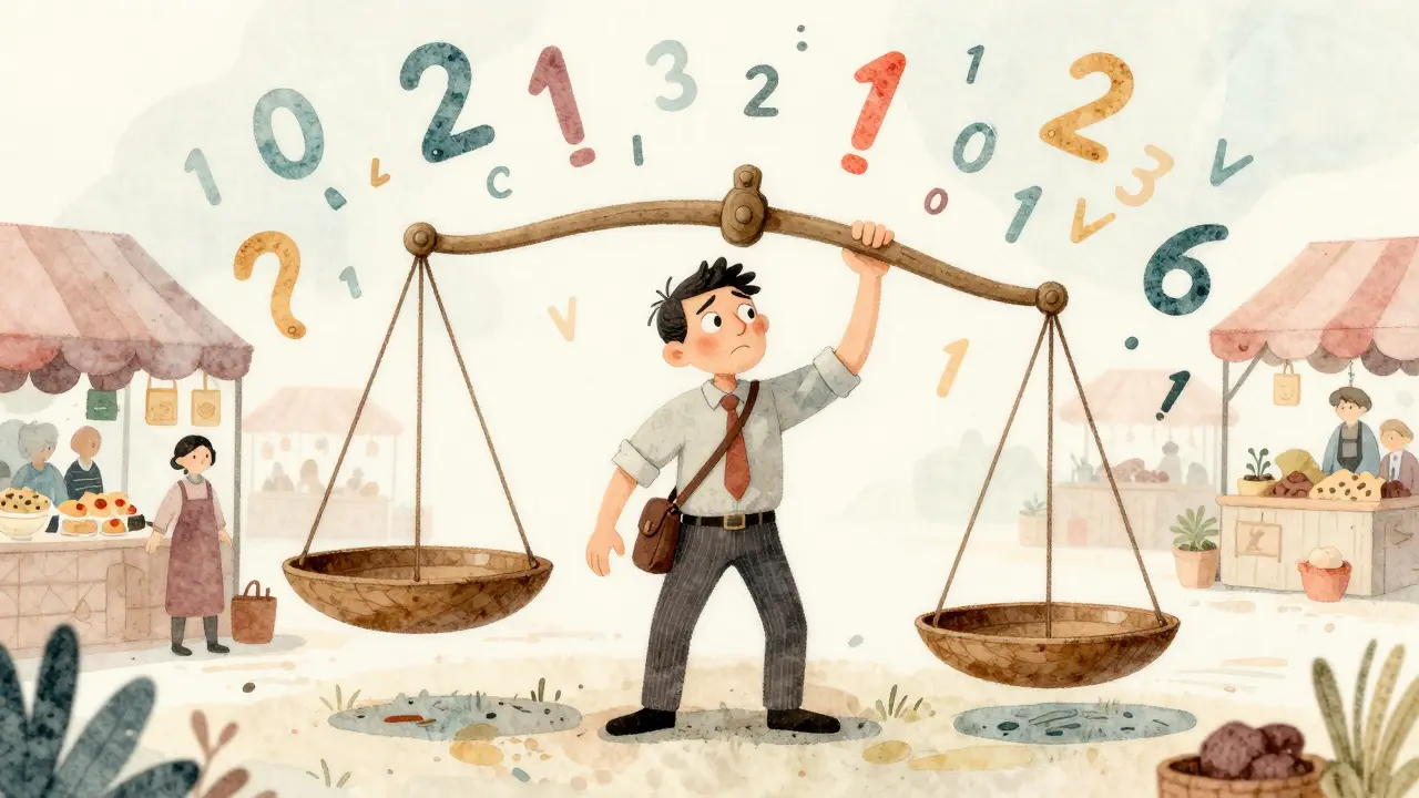 Trader surrounded by fluctuating numbers in a marketplace scene.