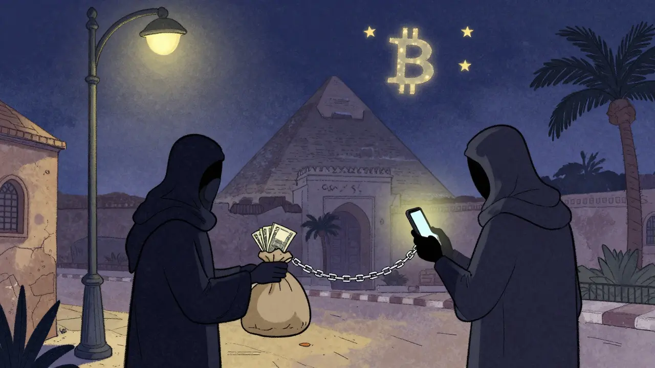 Two people meet at night in Giza to trade Egyptian pounds for Bitcoin, illuminated by a streetlamp and hidden digital connection.