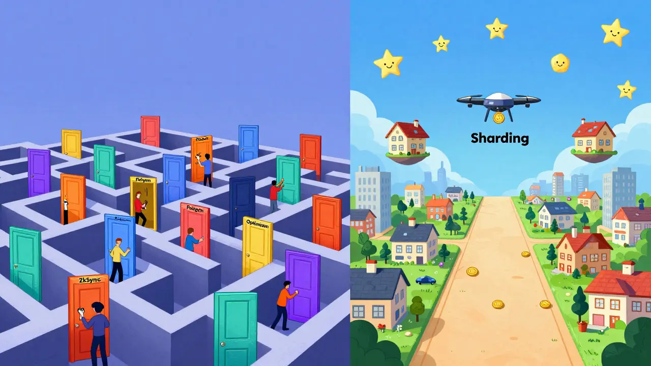 Two side-by-side scenes: one with many locked doors and keys, the other with open pathways and floating homes, comparing Layer 2 fragmentation vs sharding unity.