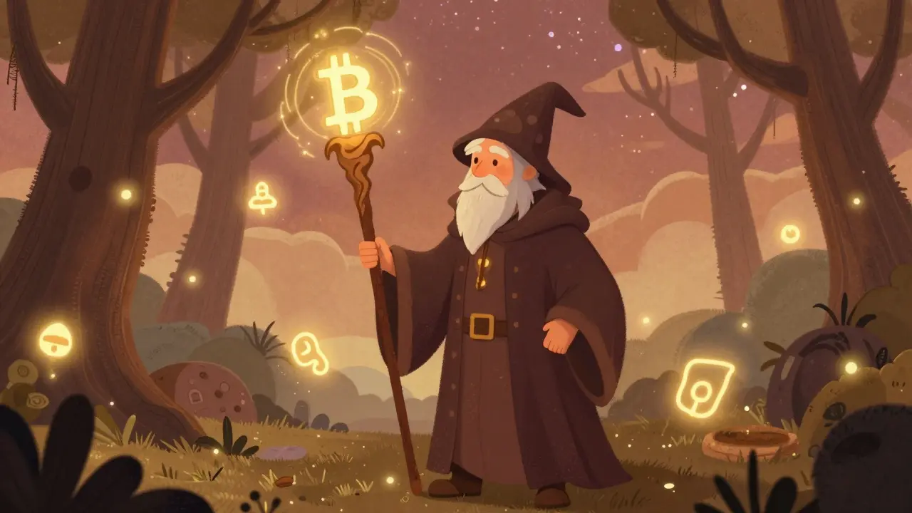 Wizard with Bitcoin symbol staff in enchanted forest