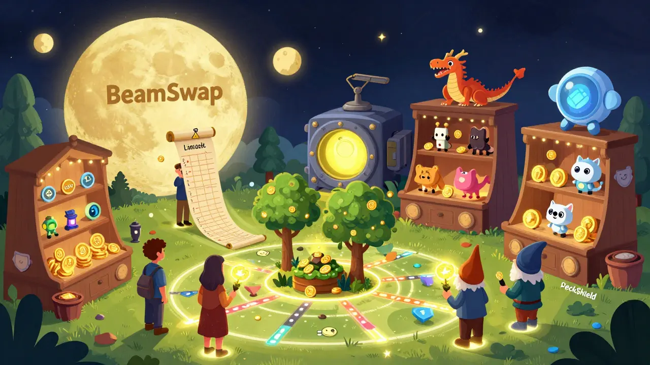 A bustling moon-shaped marketplace where traders use limit orders, farmers harvest GLINT coins, and NFT creatures are displayed on enchanted shelves.