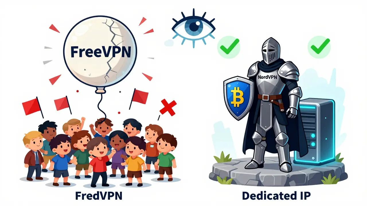 A chaotic crowd of users sharing a leaking IP balloon versus a lone knight with a dedicated IP and Bitcoin shield, watched by a machine learning eye.