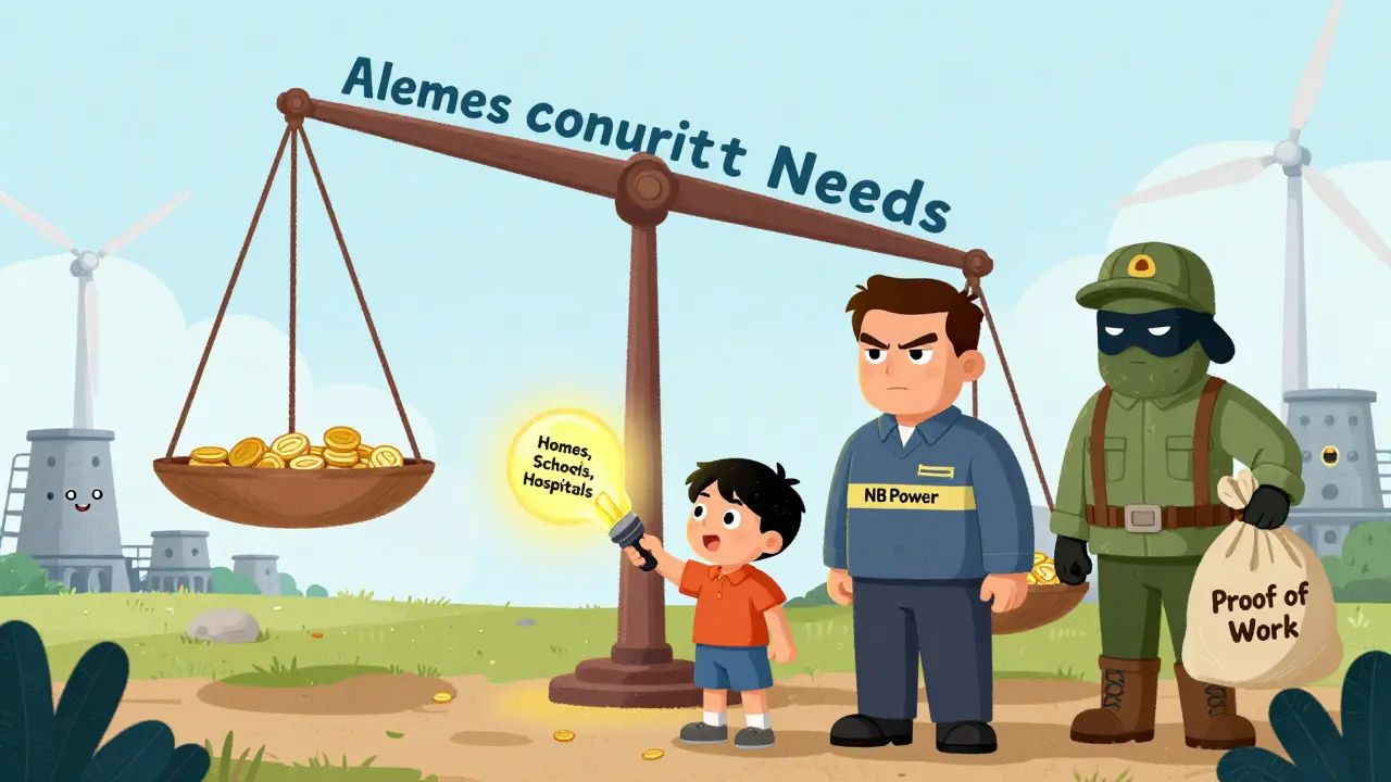 A child and NB Power guardian block a sneaky miner from taking electricity, as a scale tips toward homes, schools, and renewable energy.