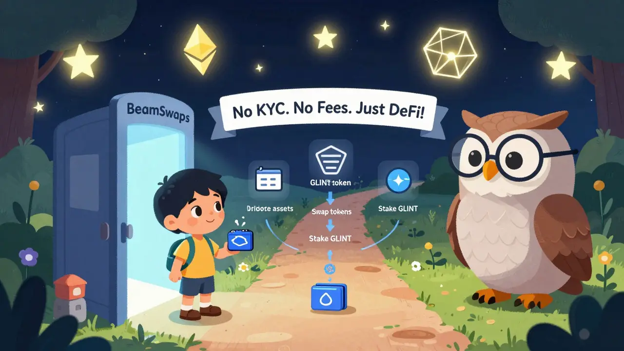 A child discovering BeamSwap with a wise owl guiding them through simple steps to connect, bridge, and stake tokens in a magical DeFi world.