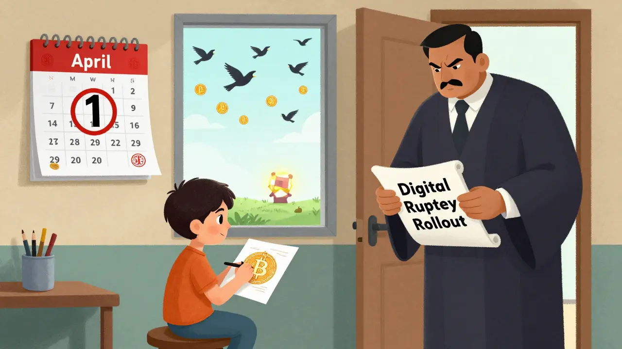 A child draws Bitcoin as an RBI official watches, with a calendar marked for SEBI's 2025 rule and blockchain nodes in the distance.