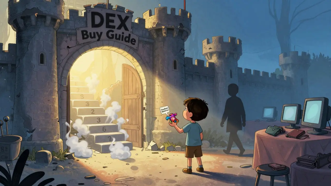 A child holds a broken BELLE toy before a crumbling DEX guide gate as a shadowy figure walks away.