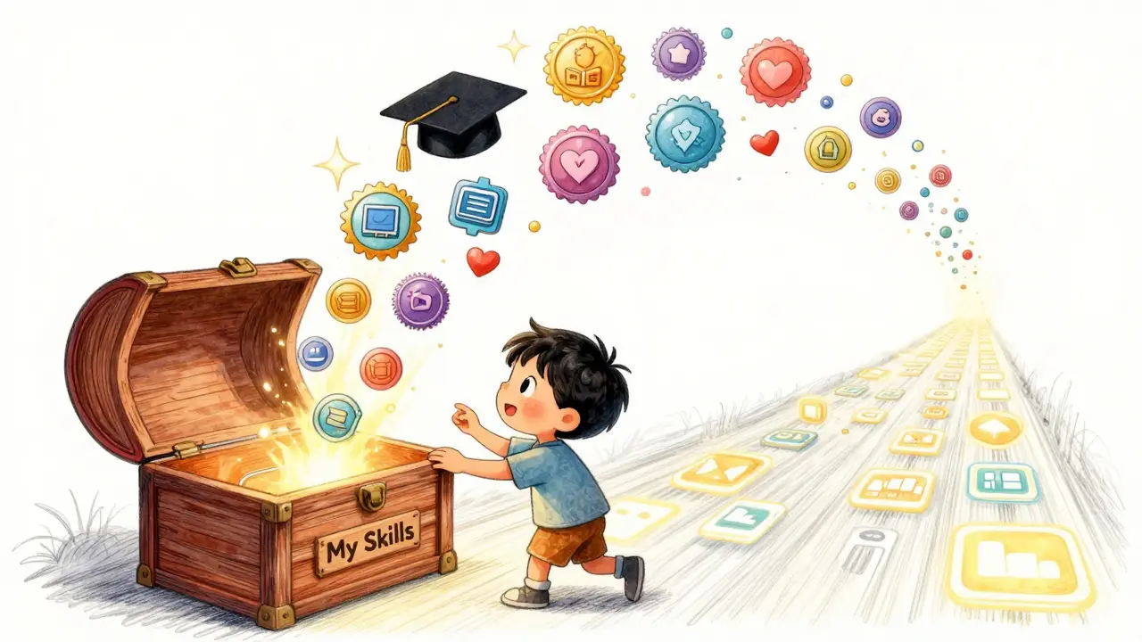 A child opening a chest filled with floating digital badges that form a path into an infinite horizon.