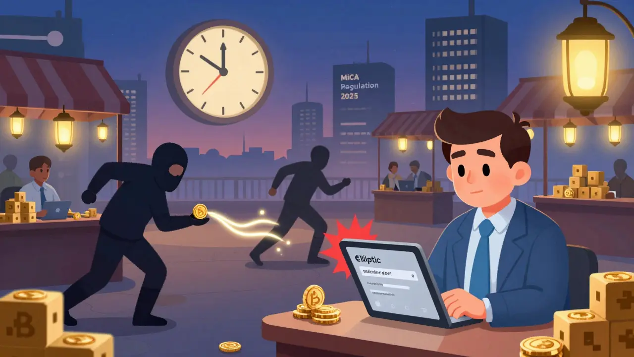 A crypto marketplace where a compliance officer blocks a suspicious withdrawal while a Monero transaction is traced in real time.