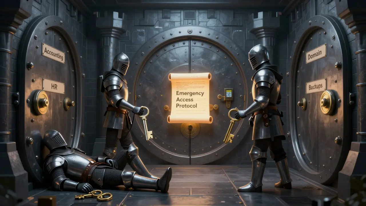 A digital castle vault with locked doors guarded by key-shaped knights, one unconscious as others prepare to unlock it with emergency keys.