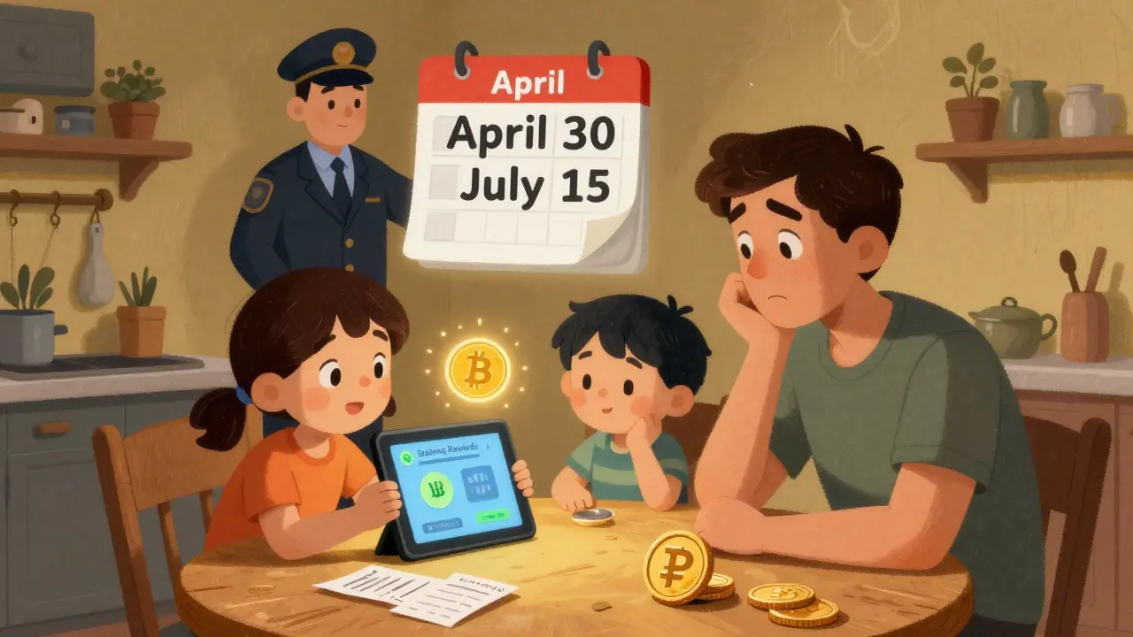 A family faces a tax inspector over crypto earnings, with glowing wallet icons and official deadlines floating in the air.