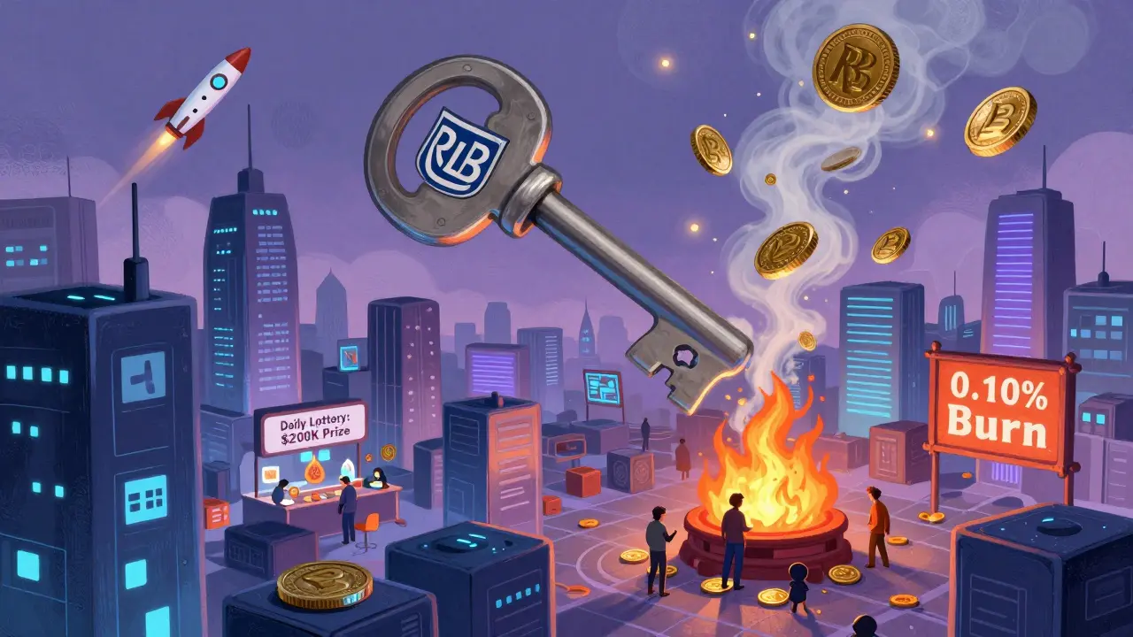 A giant RLB key hovers over a digital city where coins burn in a furnace and NFT art floats in the sky.