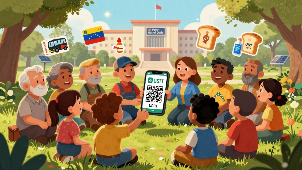 A group of Venezuelans share a smartphone to pay for essentials using USDT in a sunlit park.