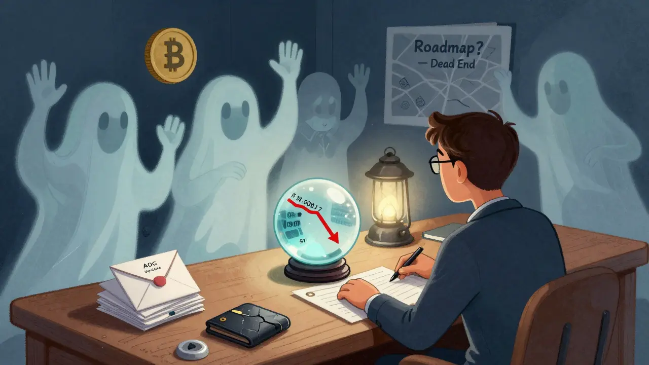 A lone investor stares at a falling token price in a crystal ball, surrounded by ghostly winners and unopened emails labeled 'AOG Update'.