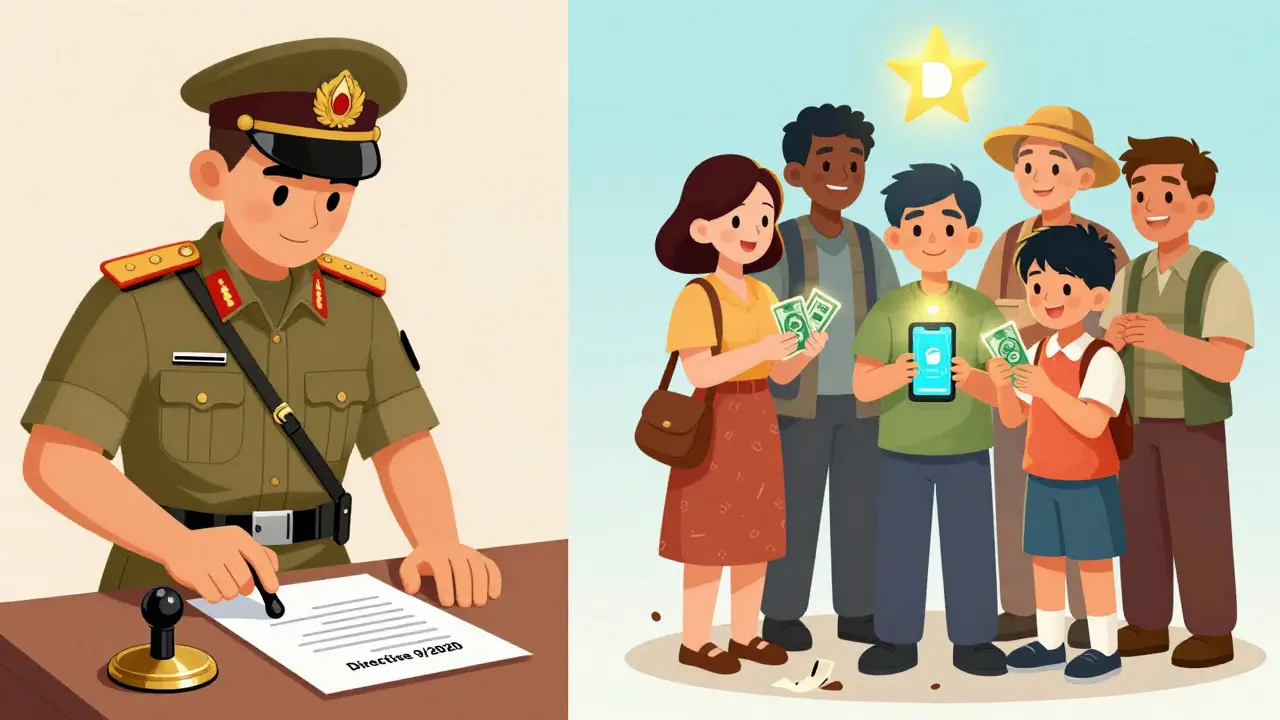 A military official stamps a crypto ban order, while citizens use a digital currency called DMMK on their phones.