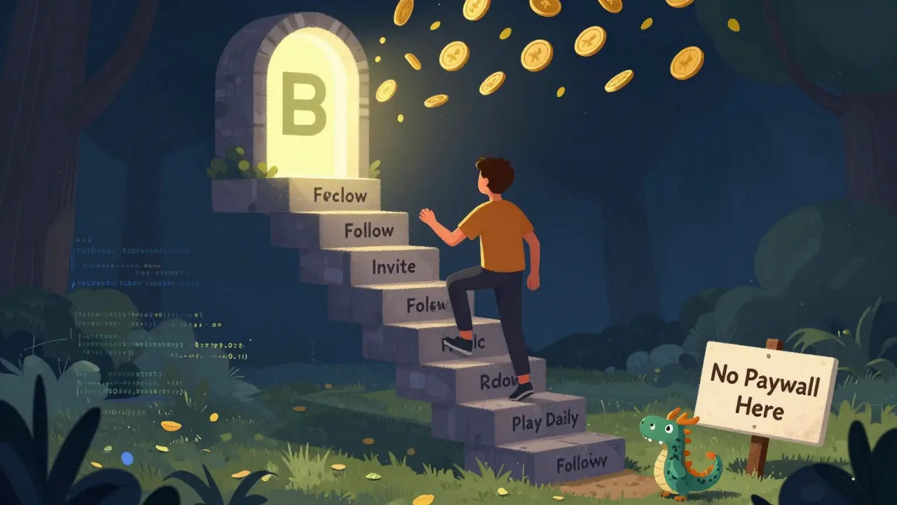 A person climbing a staircase of blockchain blocks toward a Bitget portal, showered in KABY tokens, with a friendly code-dragon watching below.