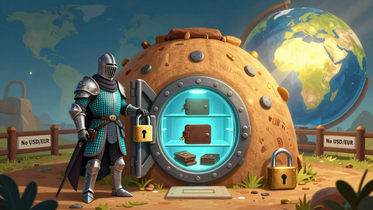 A secure African-themed vault guarded by a code-armored knight, protecting crypto assets while other continents are locked out.