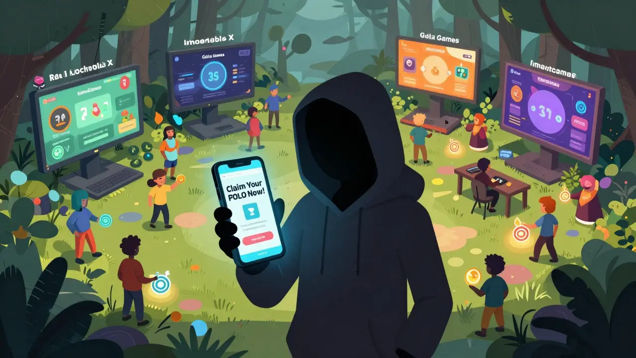 A shadowy figure clicks a fake POLO claim link while real blockchain games thrive in a vibrant digital forest behind them.