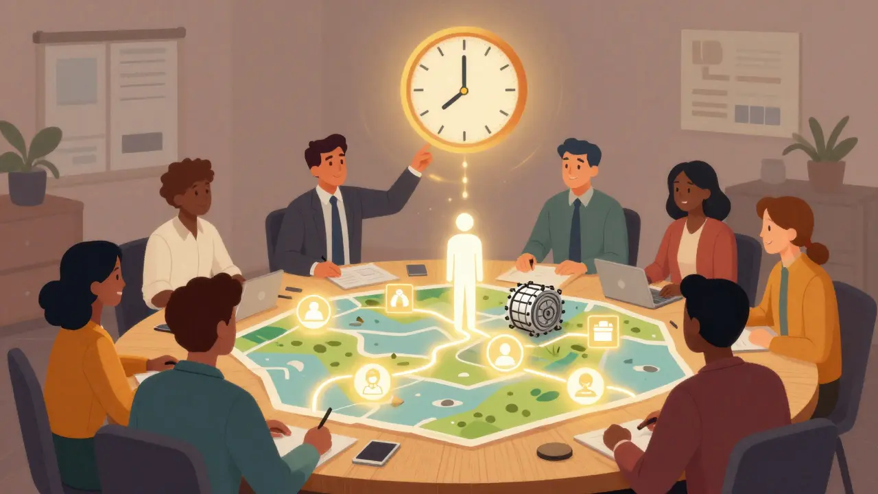 A team around a table with glowing system icons, a clock ticking to six months as credentials are automatically released to authorized team members.