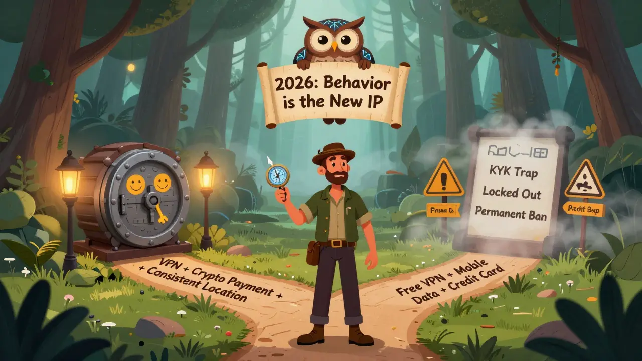 A trader at a crossroads in a digital forest, choosing between a safe path with lanterns and a foggy path with warning signs of account bans.