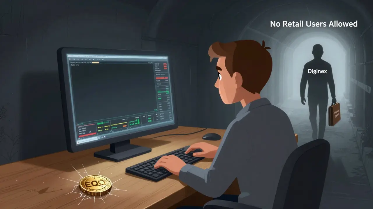 A trader staring at a blank screen as a shadowy figure walks away with a briefcase labeled 'Institutional Products'.