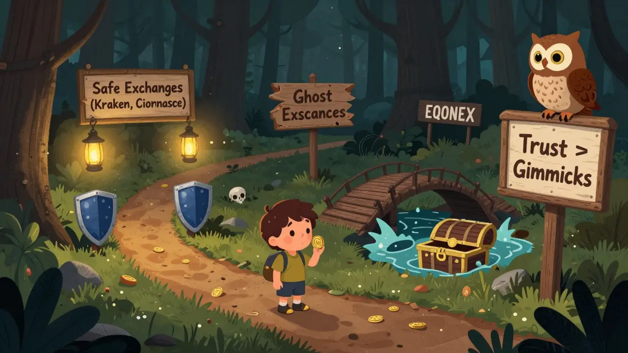 A warning signpost in a forest with three paths: safe exchanges, ghost exchanges, and EQONEX with a sinking treasure chest.