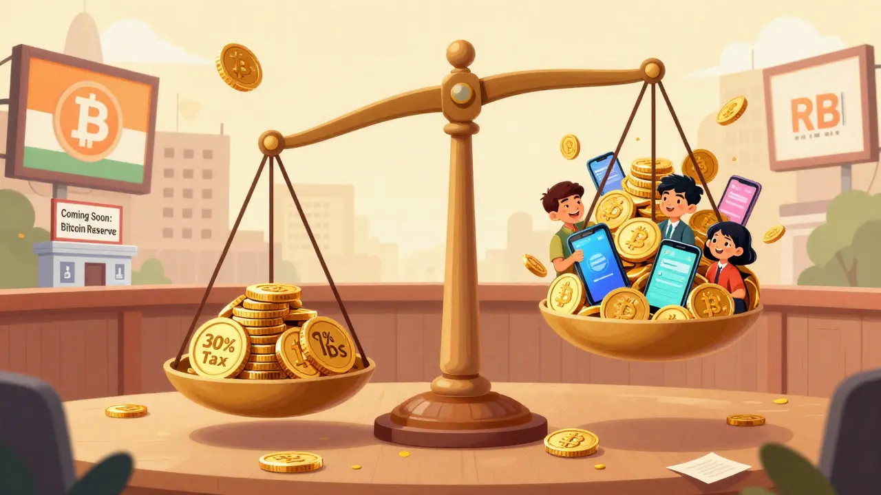 A whimsical courtroom scale tipping toward crypto adoption despite heavy tax coins on the other side.