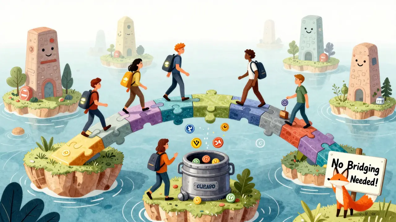 A whimsical cross-chain bridge connecting blockchain islands, with users dropping tokens into a shared vault.