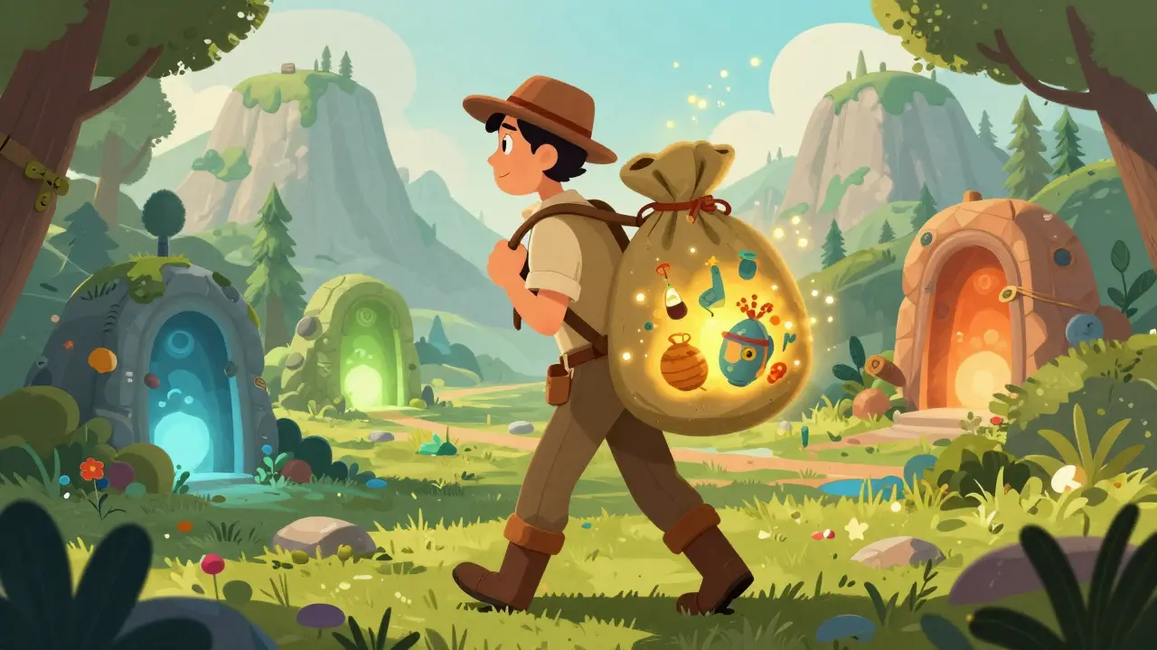 Adventurer carrying glowing assets through changing landscapes