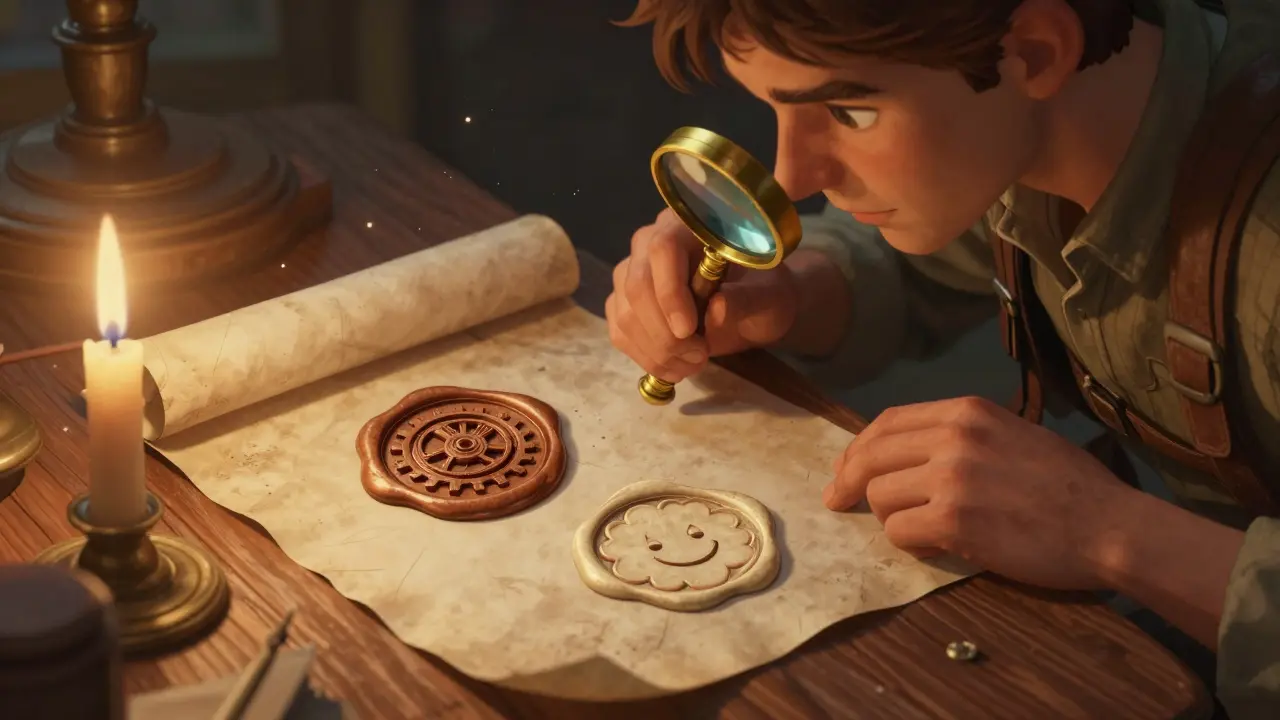 Adventurer using magnifying glass to verify two distinct wax seals.