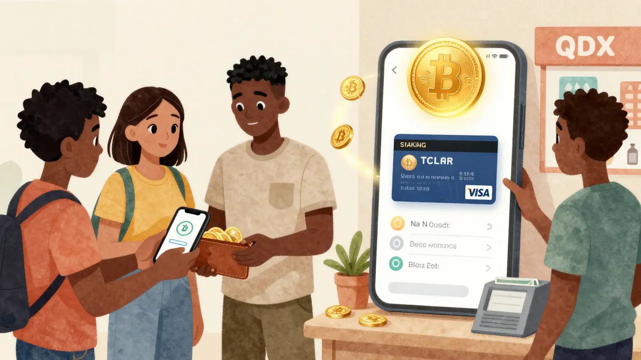 African users receiving crypto payments and spending it via a Quidax Visa card, with a glowing QDX token and staking rewards nearby.