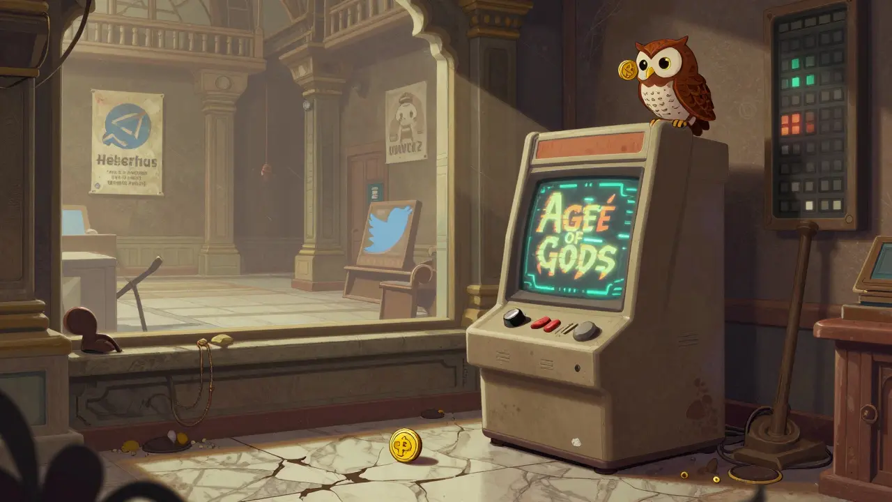 An abandoned game terminal in a forgotten temple, with a single AOG token rolling away as faded social media posters flutter in the wind.