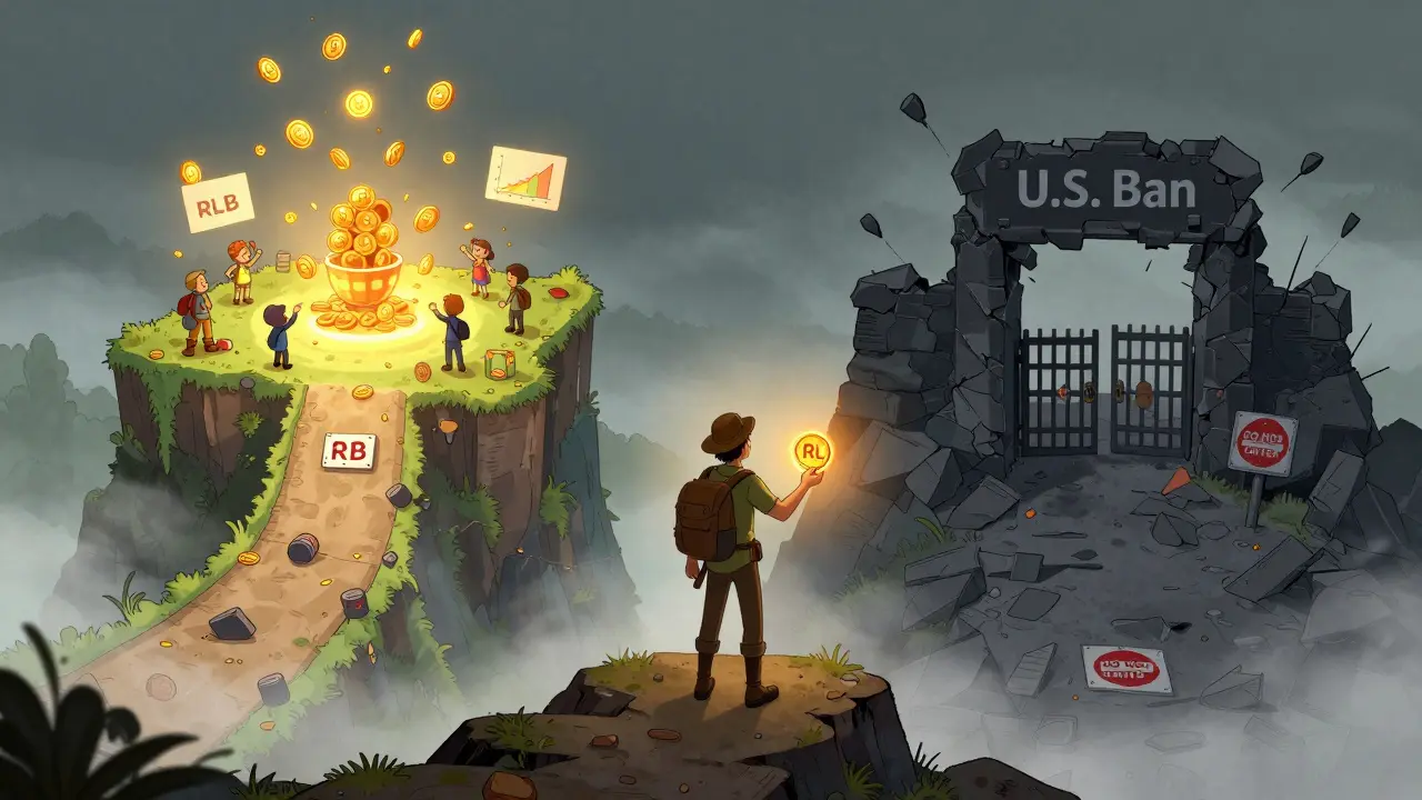 An adventurer stands at a crossroads: one path leads to a thriving crypto casino, the other to a blocked, dark ruin.