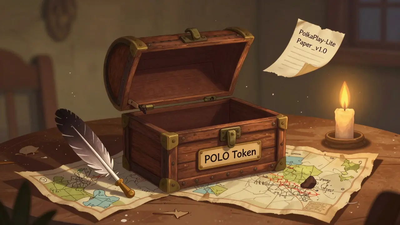 An empty treasure chest labeled POLO Token sits on a dusty table with a torn whitepaper page drifting away.