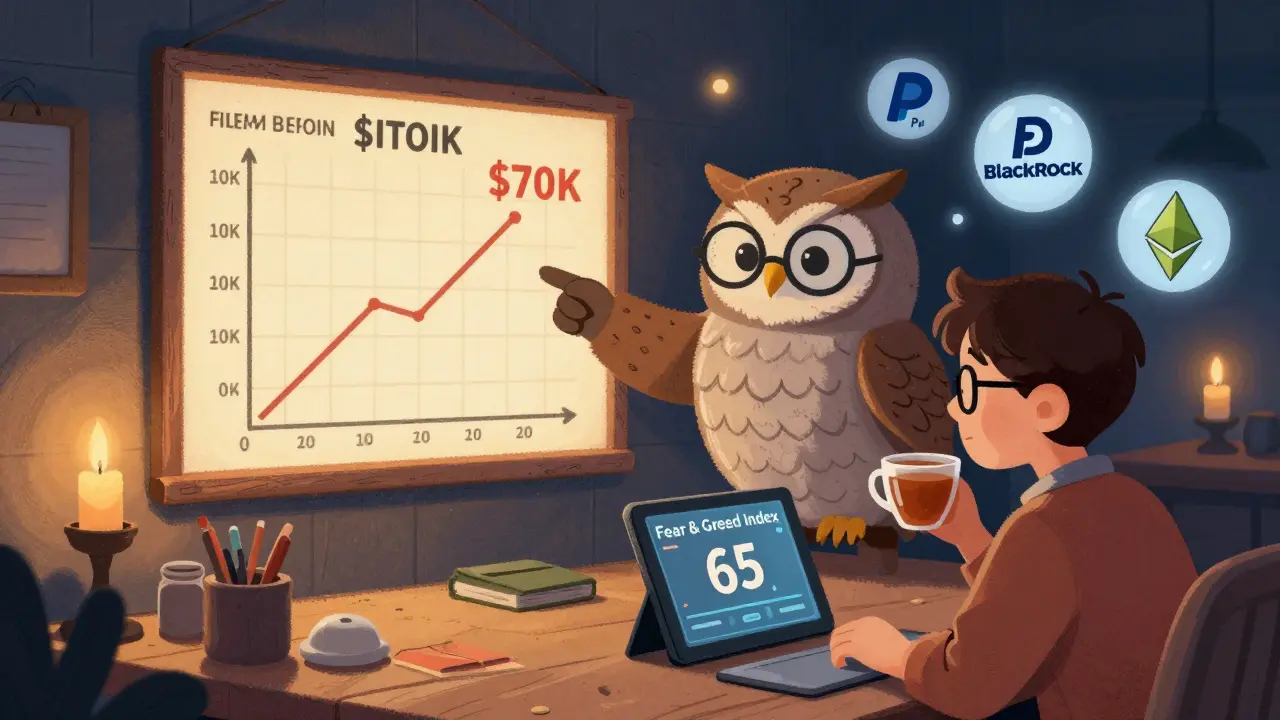 An owl guides a young trader through a glowing chart of Bitcoin’s rise, with icons of institutional adoption floating nearby.
