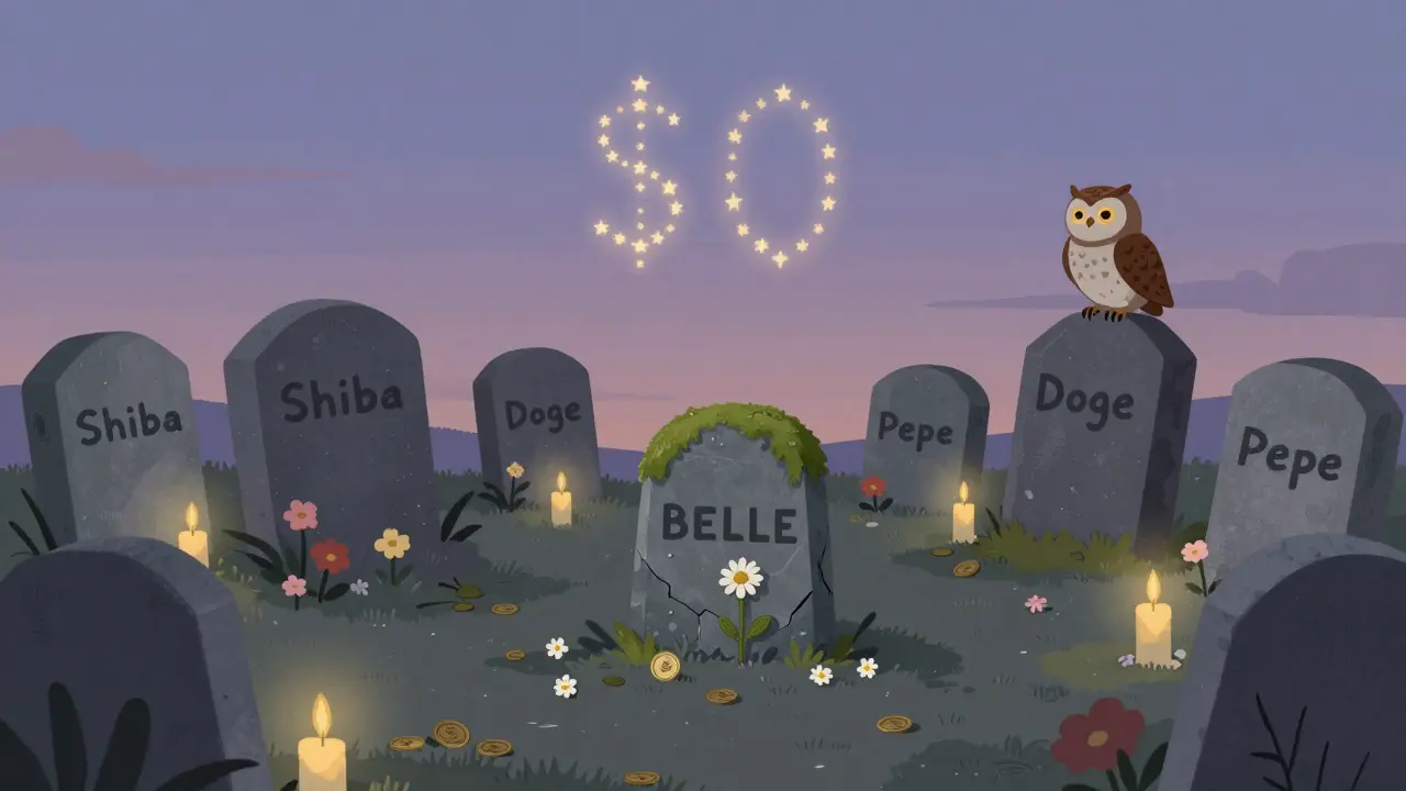 BELLE's tombstone in a crypto graveyard lies cracked and moss-covered under a twilight sky with stars forming <h2>What Should You Do?</h2>.