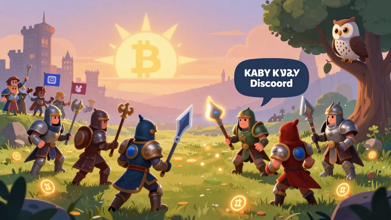 Cartoon warriors in enchanted armor duel on a battlefield, with KABY tokens glowing on the ground and a crypto-sun rising in the sky.