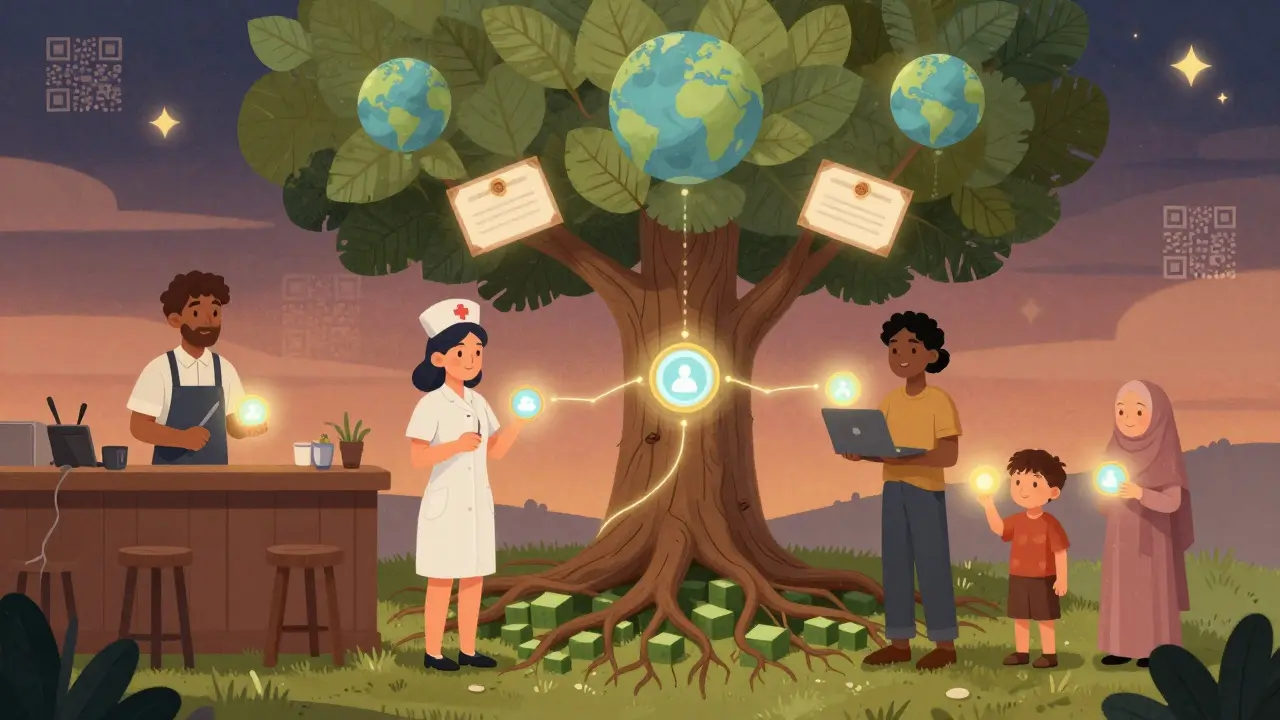 Diverse individuals holding glowing digital badges connected to a tree with blockchain roots and certificate-shaped leaves.