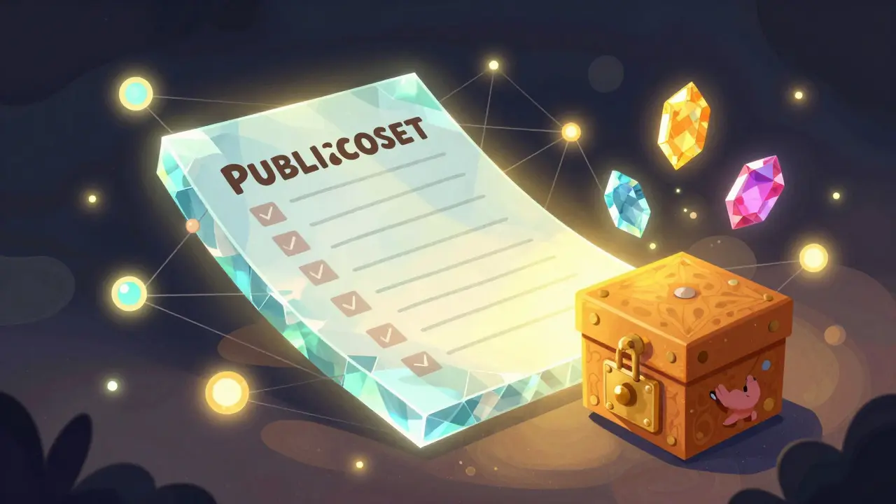 Floating crystal ledger with glowing locked tokens around it