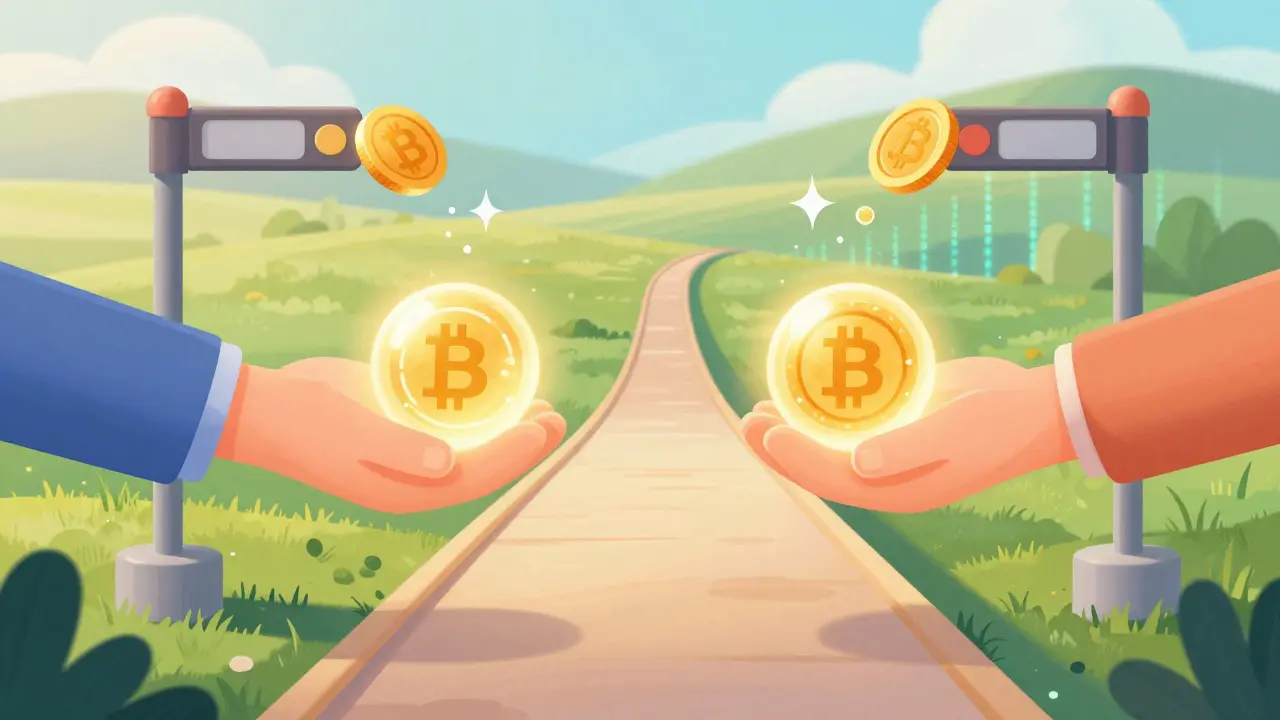 Friendly drawing showing cryptocurrency coins flowing freely without toll barriers.