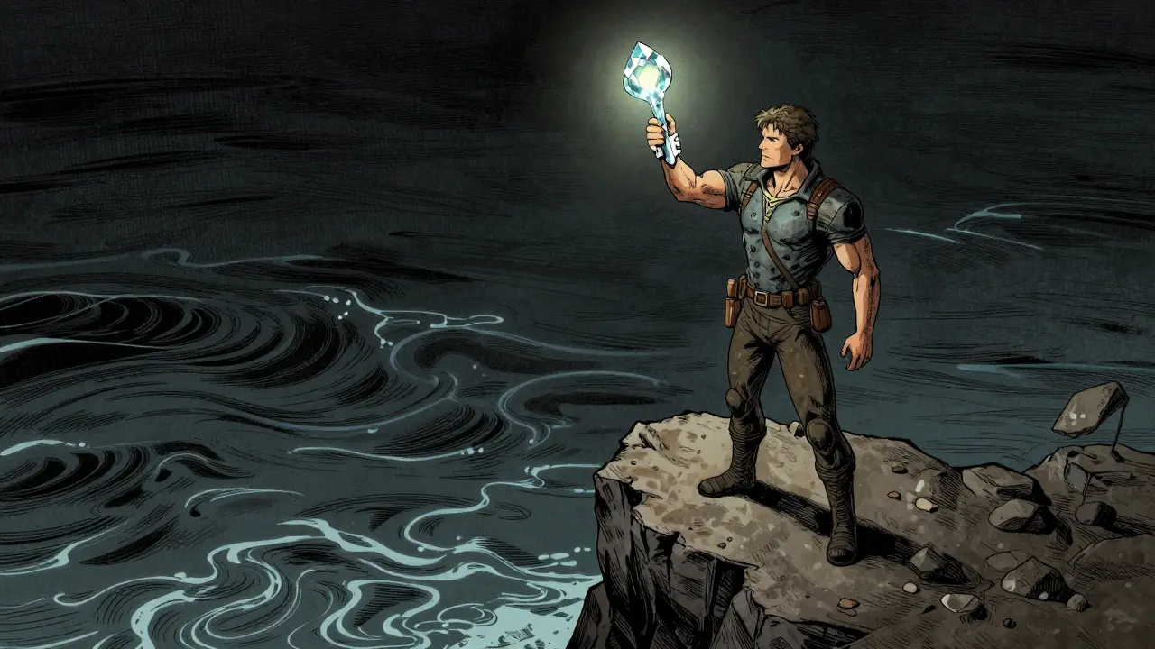 Hero holds glowing key alone on cliff above dark water.
