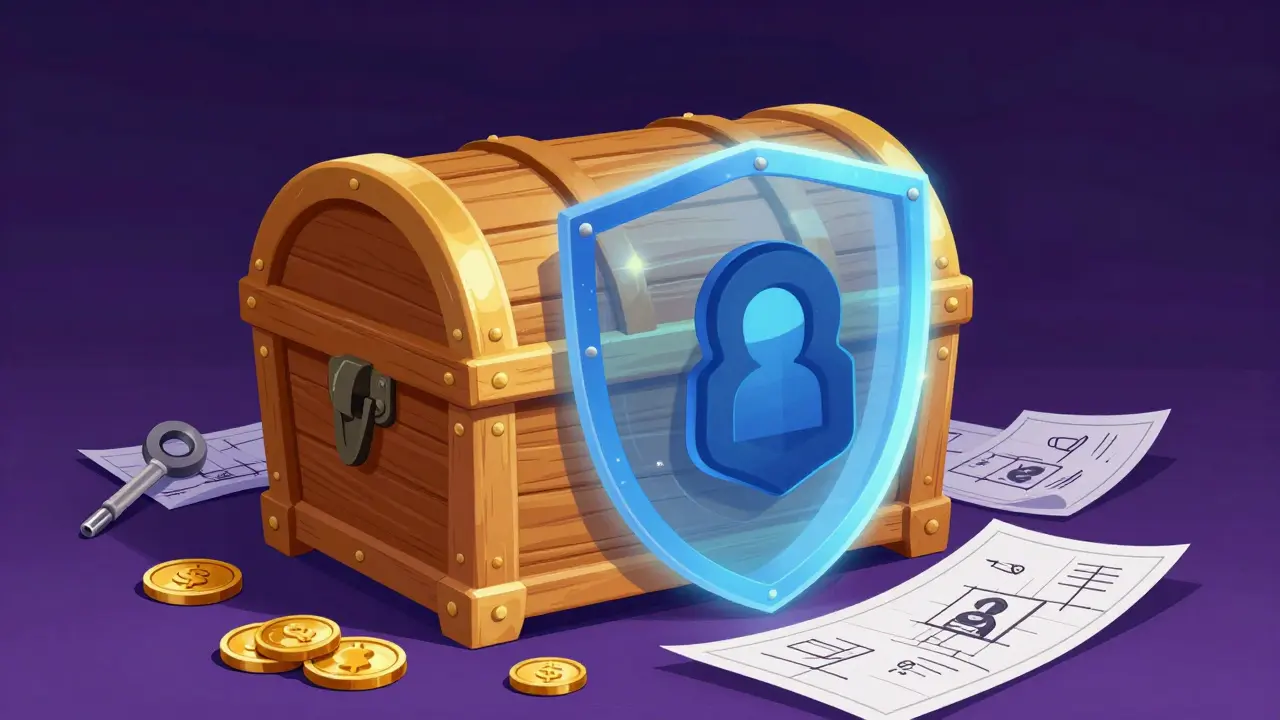 Illustration of a secure treasure chest with construction tools nearby suggesting risk.