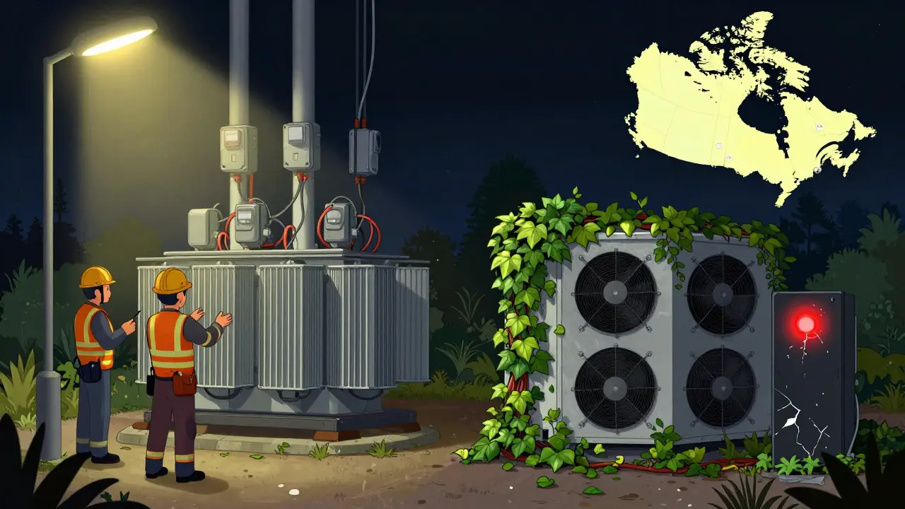 NB Power workers upgrade the grid on one side, while a silent, overgrown Bitcoin mine decays on the other, with Alberta glowing in the background.