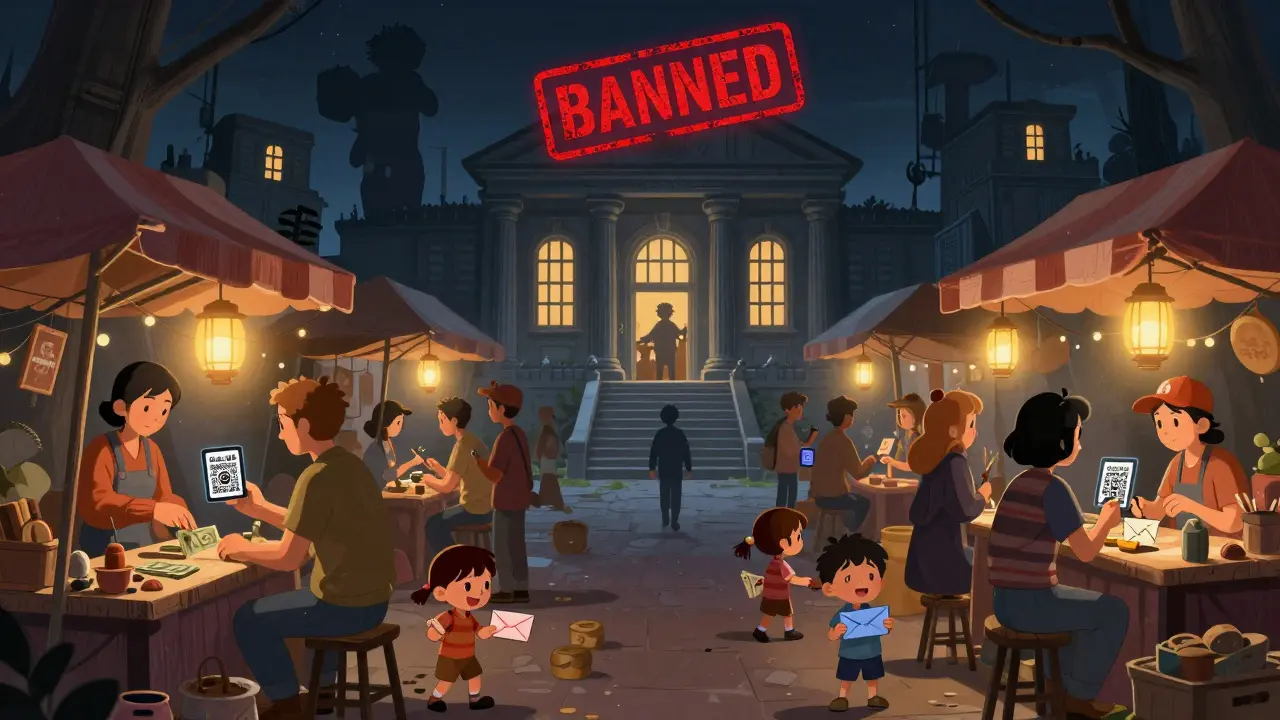 People trade USDT using QR codes in a nighttime market, while a shadowy central bank building looms overhead.